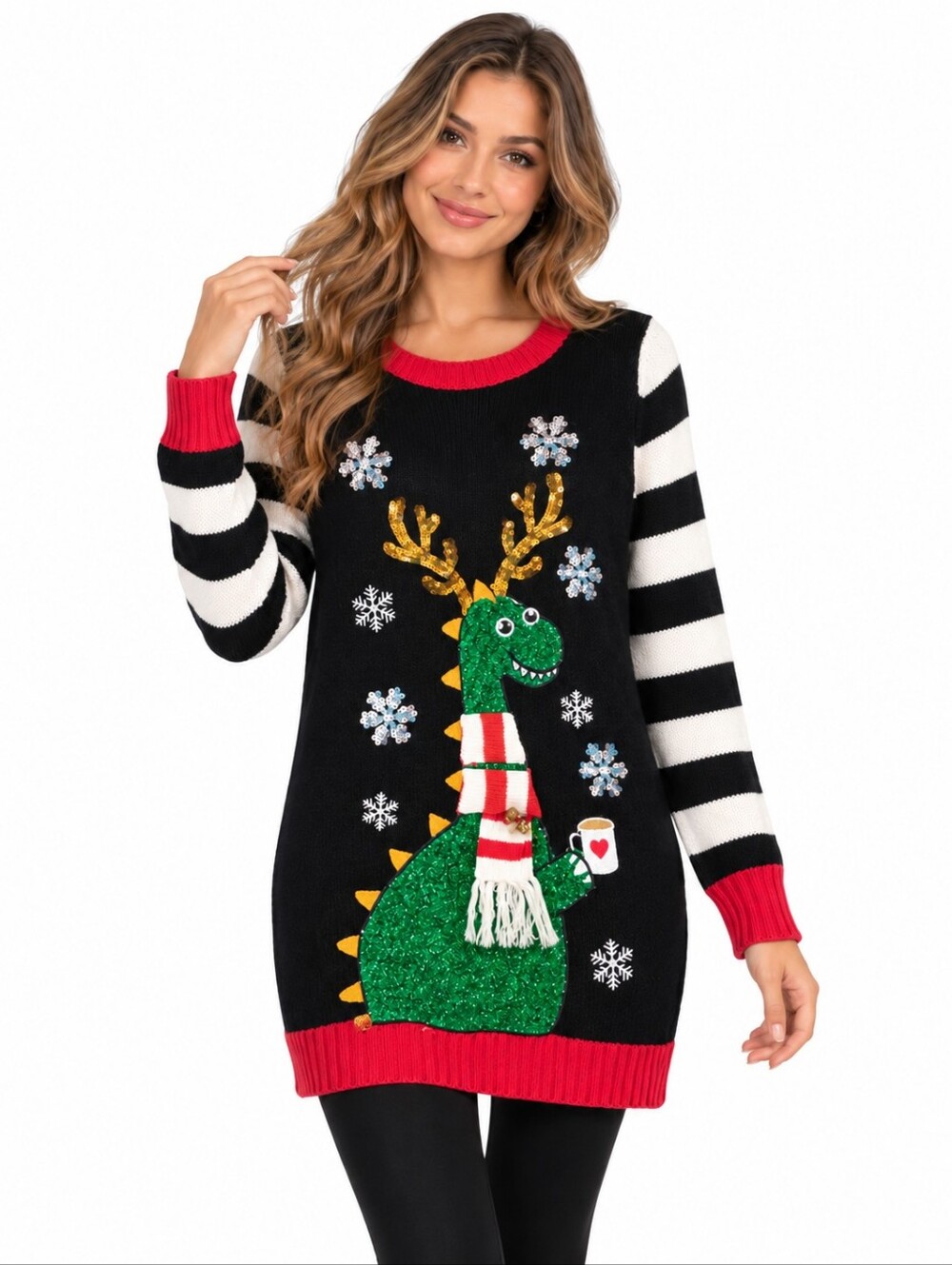 Happy Holidays Urban Heritage Christmas Dinosaur Ugly Sweater S/P Sequin